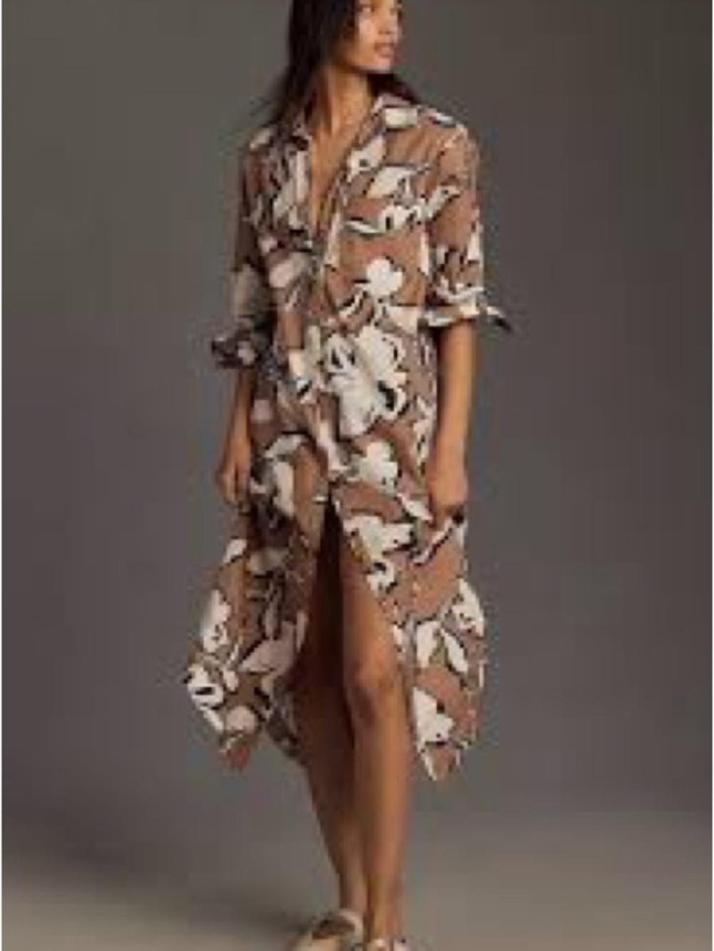 Maeve Brown Midi Shirt Dress with White Floral Print